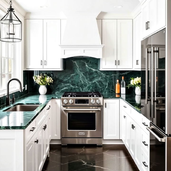 dark green marble countertop with white cabinets