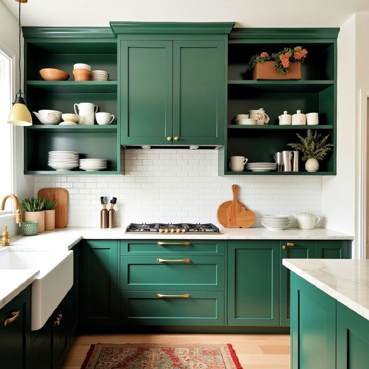 dark green open shelving for kitchen