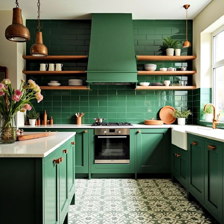 dark green tiles with patterned floors kitchen design