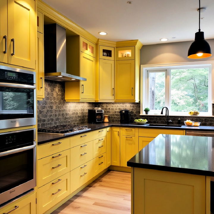 dark laminate countertops and cheerful light yellow cabinets  