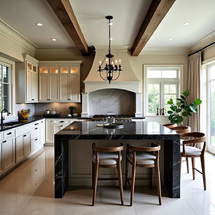 dark marble countertops and soft beige cabinets