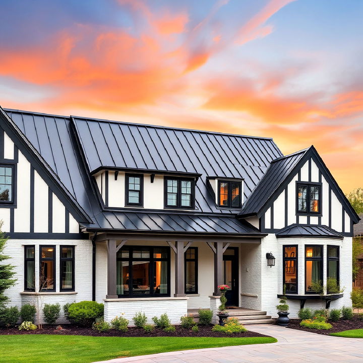 dark metal roof for a modernized tudor exterior