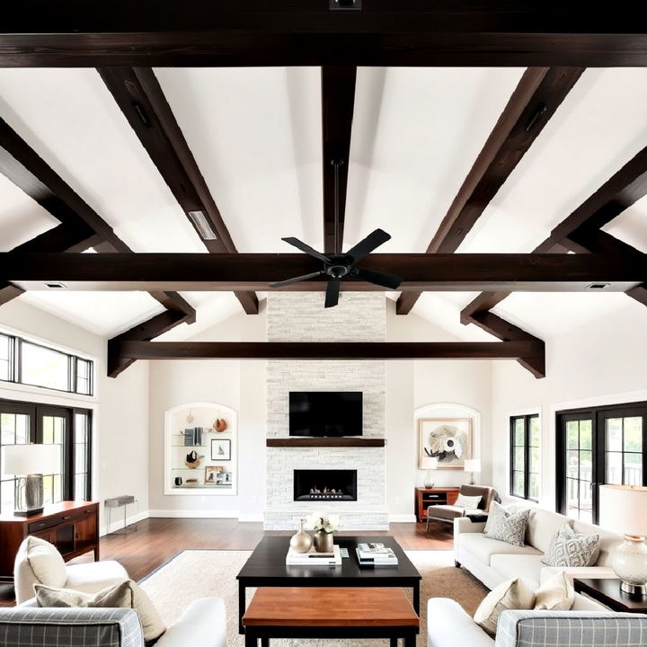 dark stained beams with light ceiling