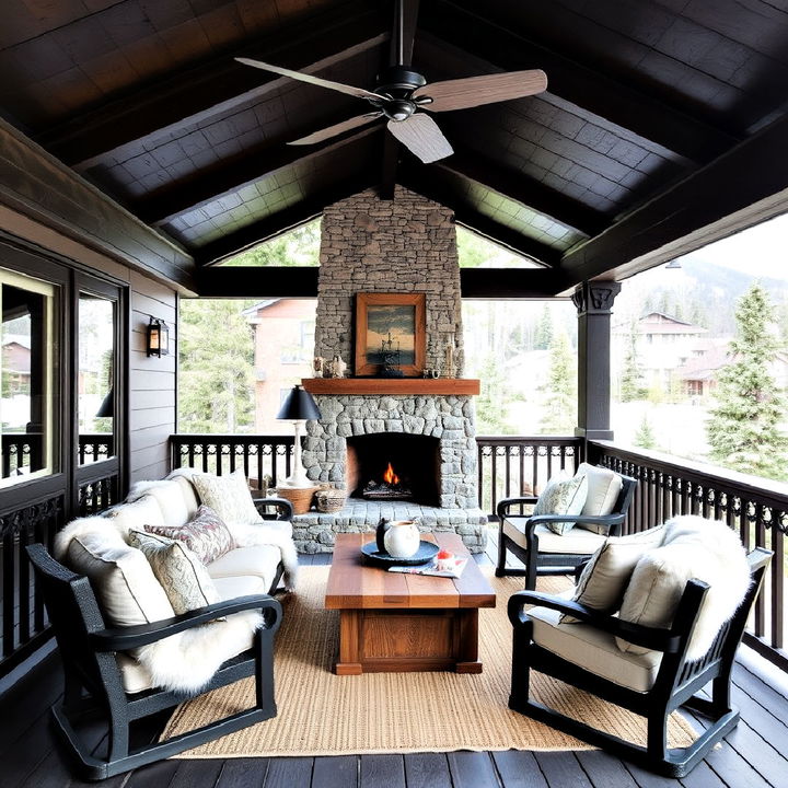 dark stained wood beams deck with a stone fireplace