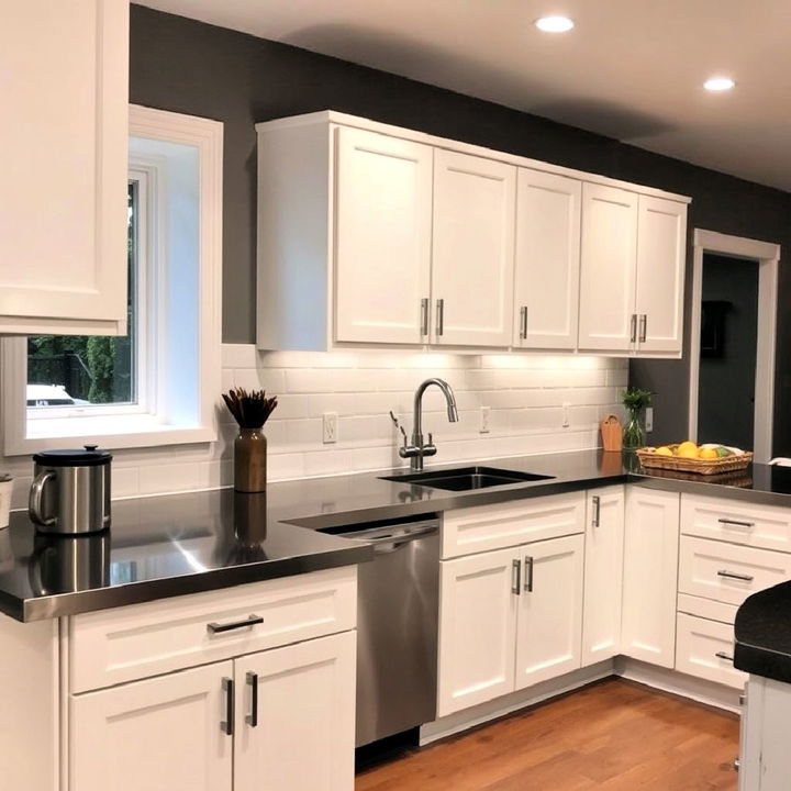 dark stainless steel countertops and white cabinets