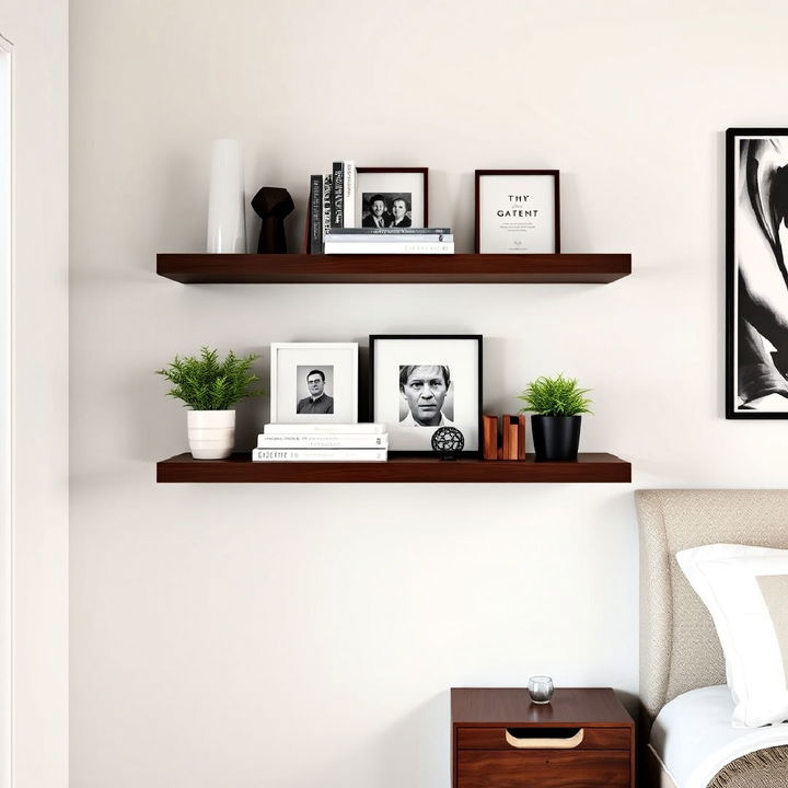 dark wood floating shelves for bedroom