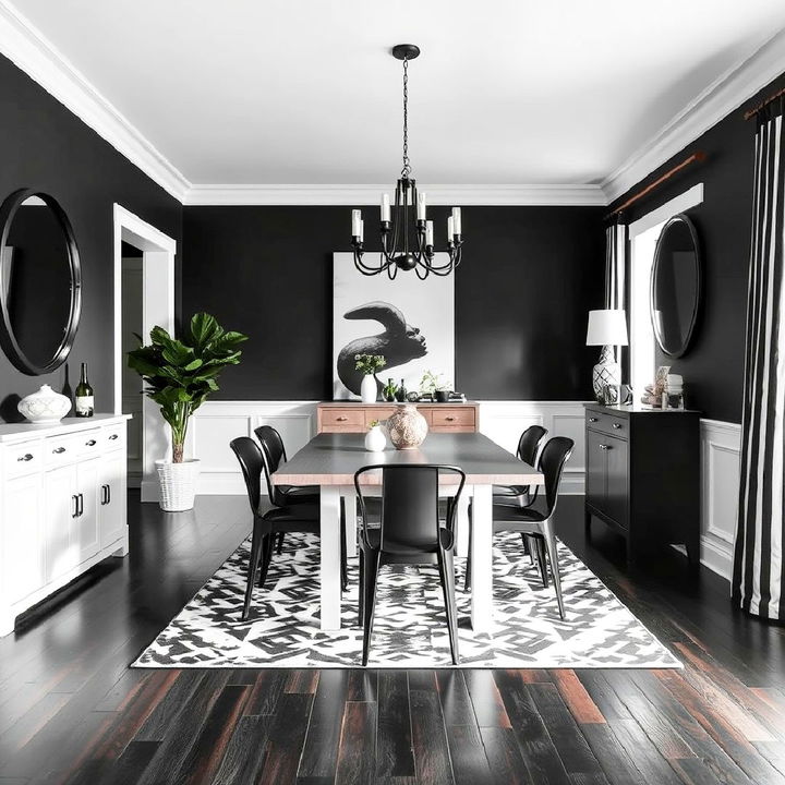 dark wood floor with a black and white decor