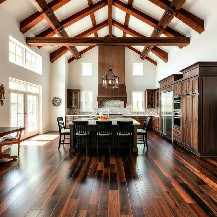 dark wood floor with high ceilings and exposed beams