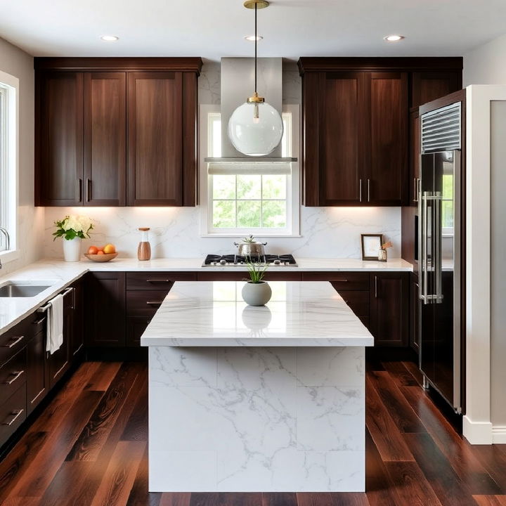 dark wood flooring kitchen with marble accents