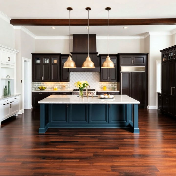 dark wood flooring with large kitchen island