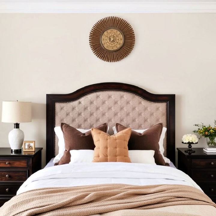 dark wood headboard with upholstered details for bedroom