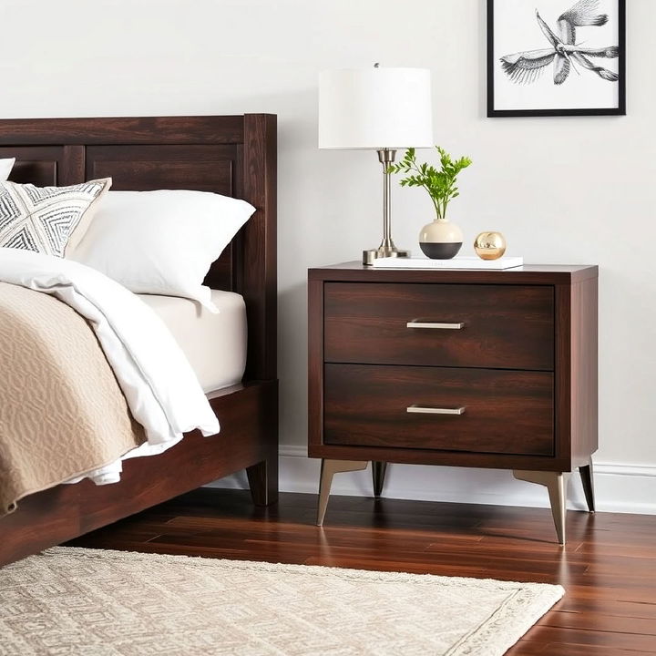 dark wood nightstands with metal hardware