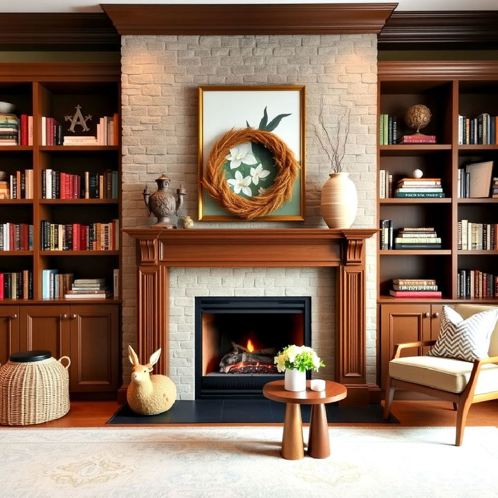 decor fireplace and bookshelves for any season