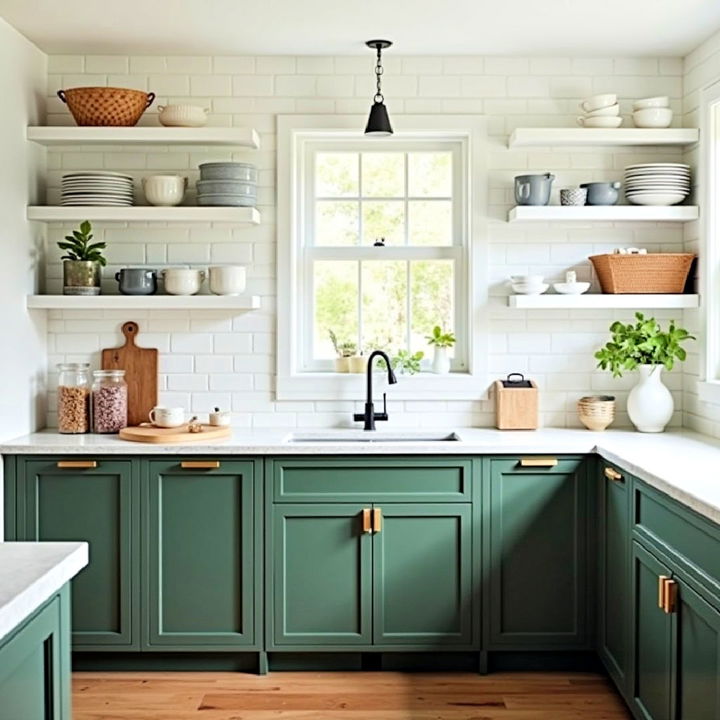 decorative dark green and white open shelving