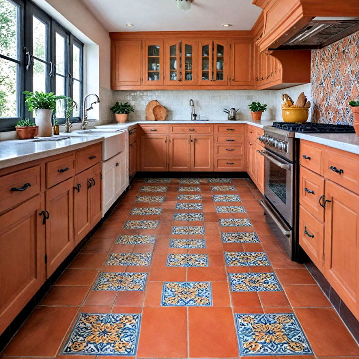 decorative tile inserts into terracotta floor