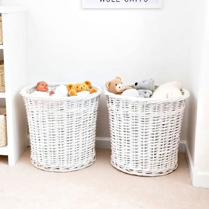 decorative white wicker toy storage baskets