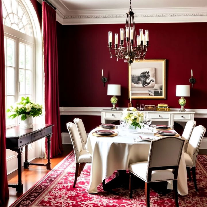 deep burgundy and ivory formal dining room