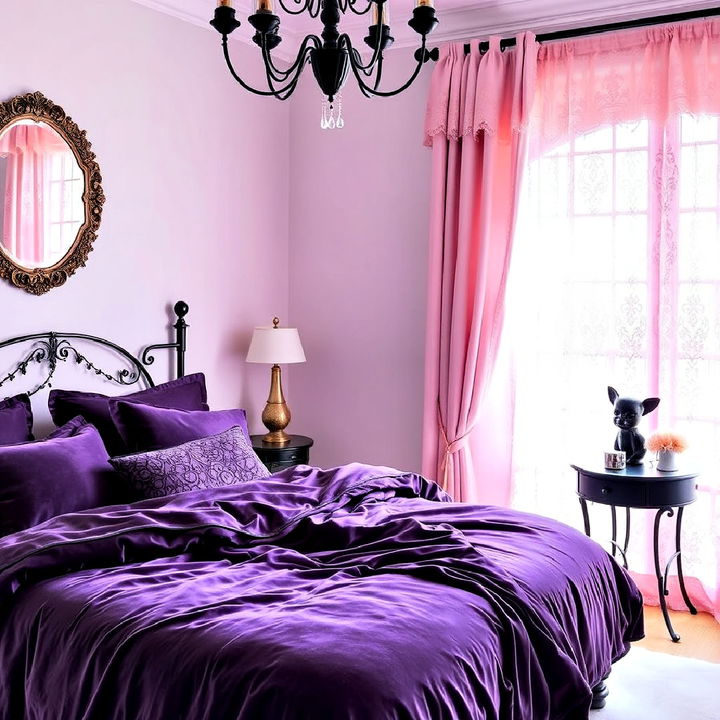 deep hues velvet bedding with pastel lace curtains