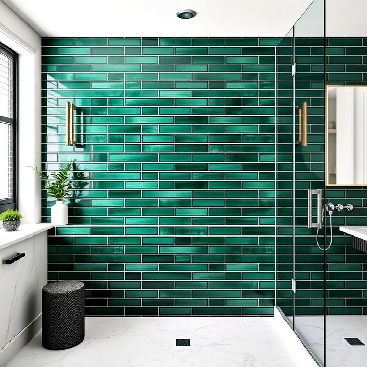 deep jade green bathroom tiles with white marble