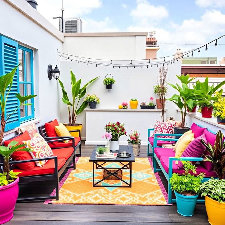 design a colorful escape terrace by using vibrant furniture