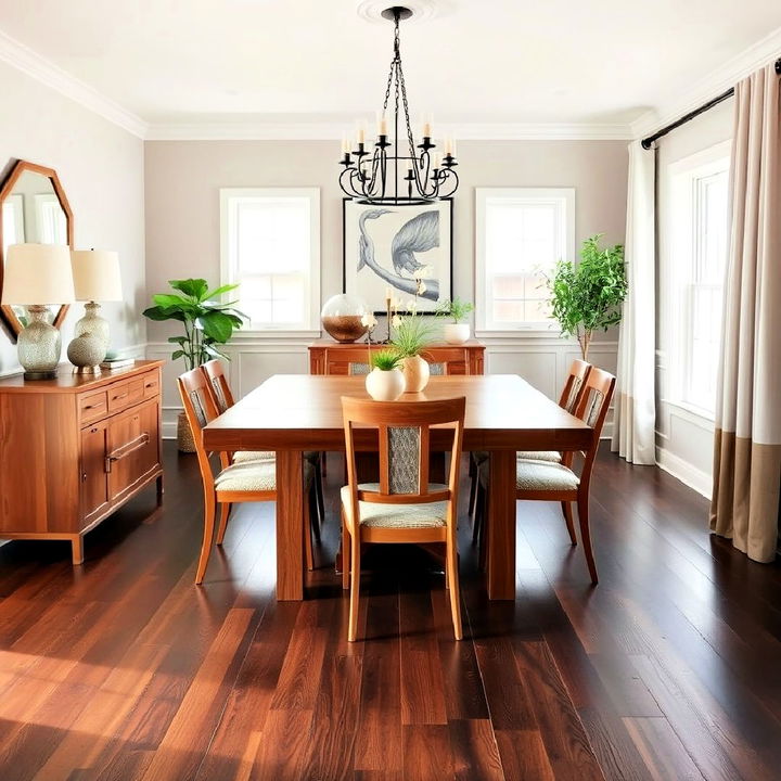 dining room decor with different wood tones