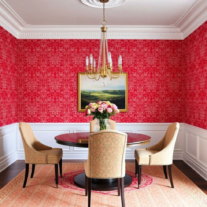 dining room red patterned wallpaper