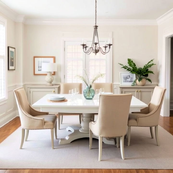 dining room with classic beige and white palette