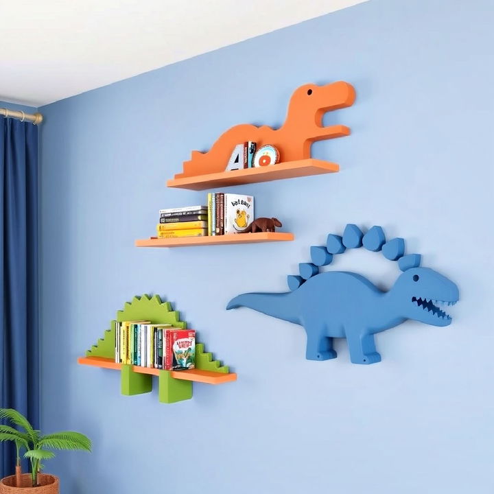 dinosaur themed wall shelves for kids room