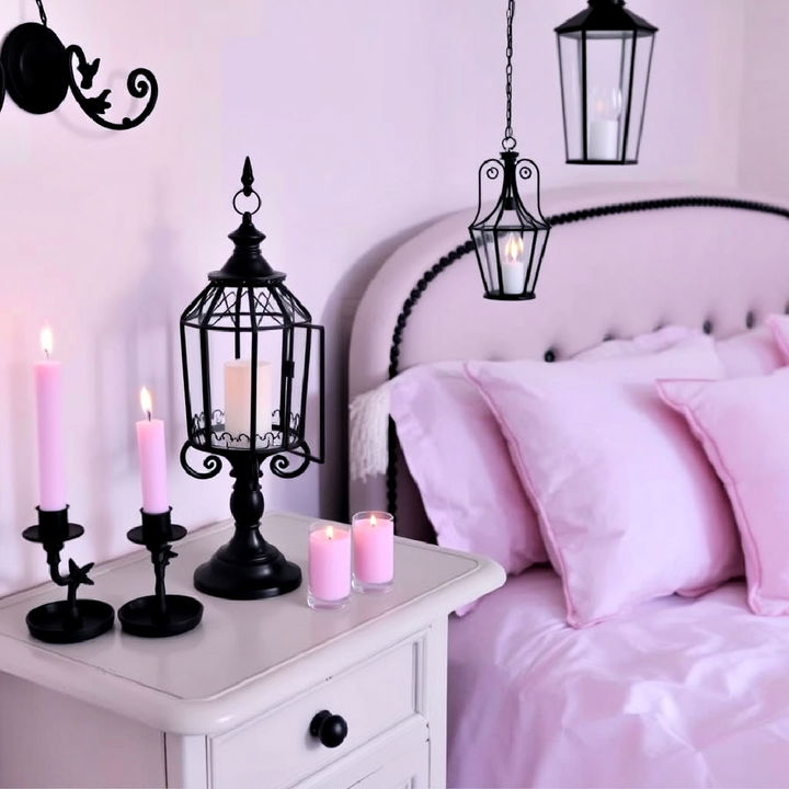 display black candle holders or lanterns on nightstand