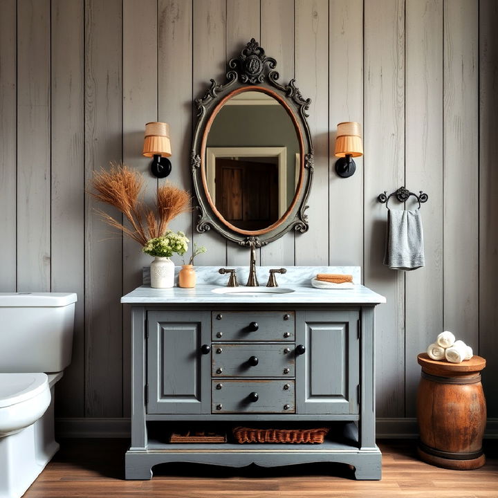 distressed grey vanity to bring rustic charm