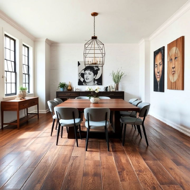 distressed wood floor for industrial dining room