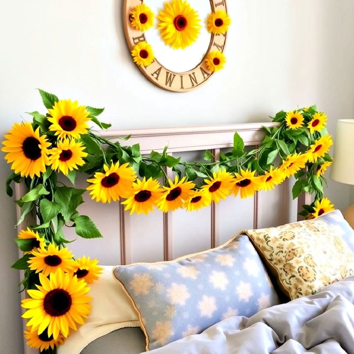 diy sunflower garland around headboard