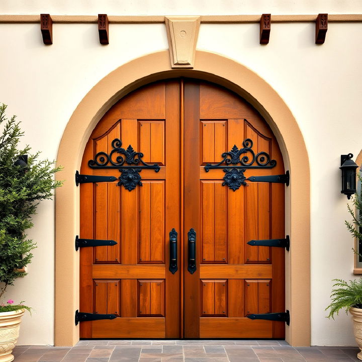 double entry doors with iron accents