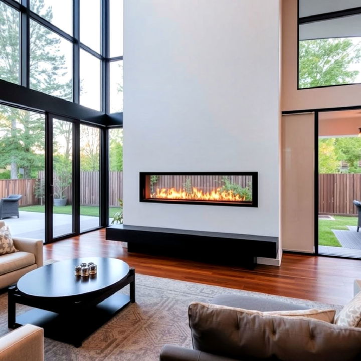 double sided fireplace between sliding glass doors