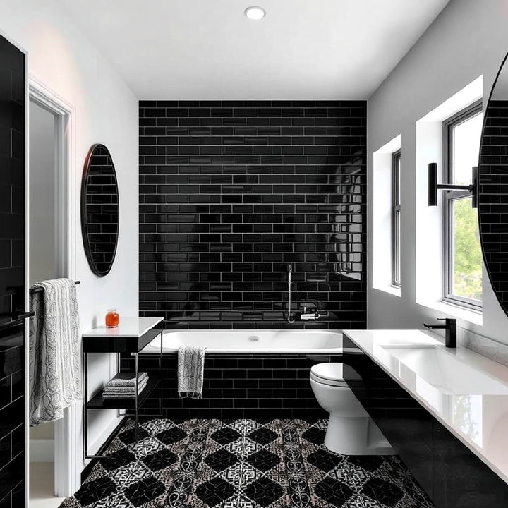 dramatic black tiles bathroom