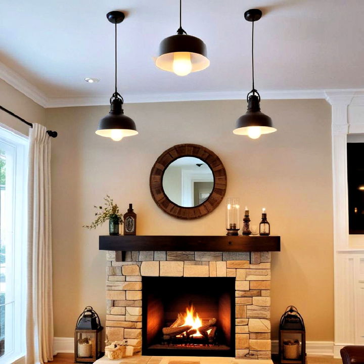 dramatic pendant lights above the fireplace