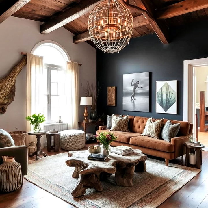 driftwood accents moody boho living room