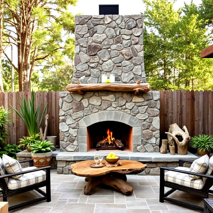 driftwood embellishments outdoor fireplace