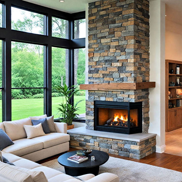 dual sided fireplace between corner windows