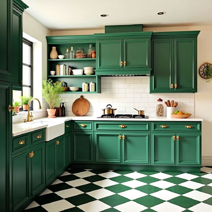 dynamic dark green and white checkerboard floors