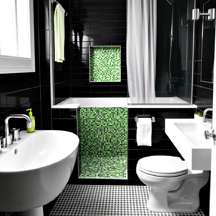 dynamic green mosaic tiles in a black and white bathroom