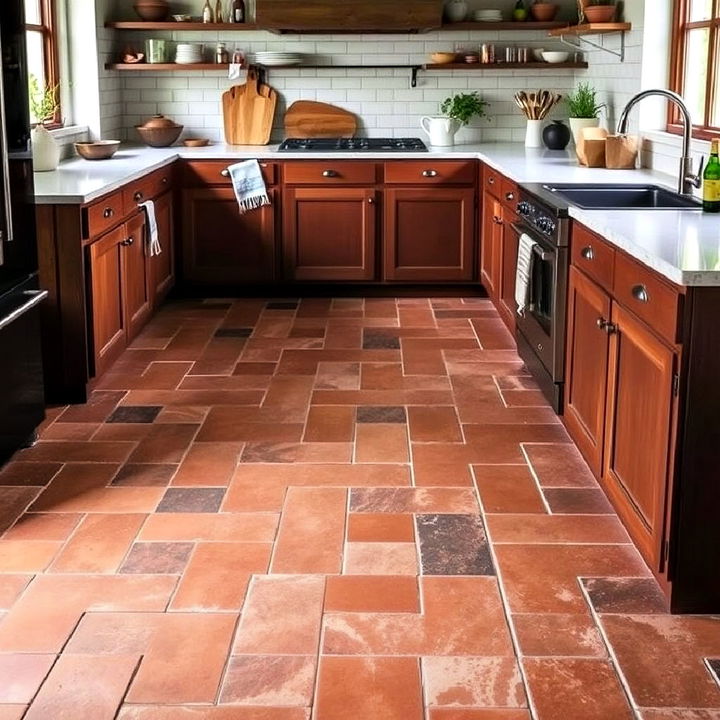 dynamic mixed size terracotta tiles for kitchen floor design