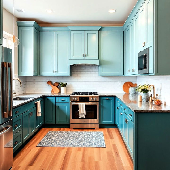 dynamic teal upper and lower cabinet contrast