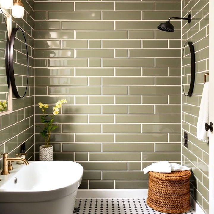 earthy and sleek olive green subway tiles