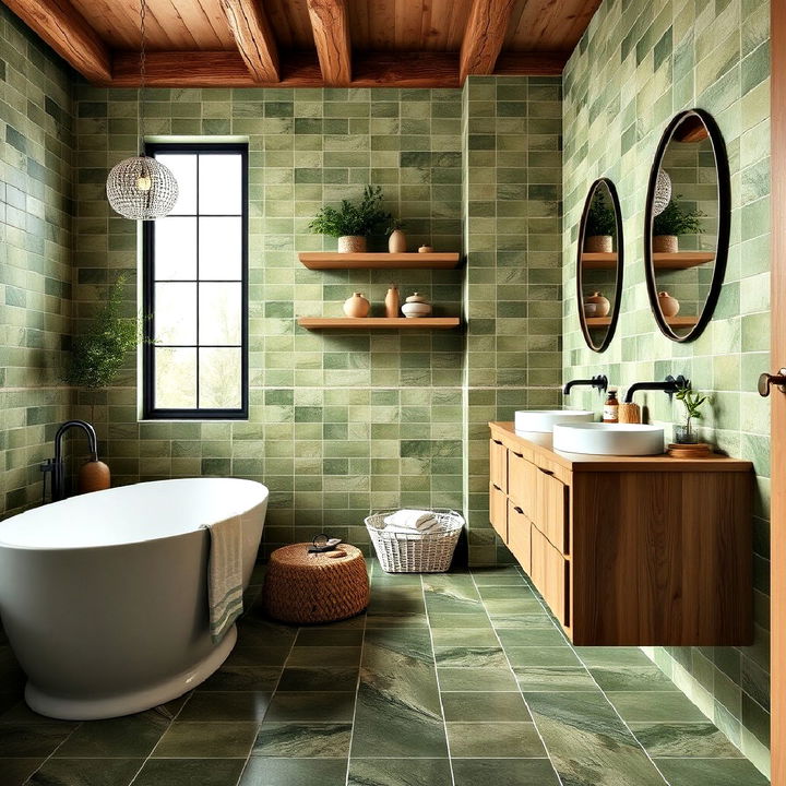 earthy moss green tile with wood combination