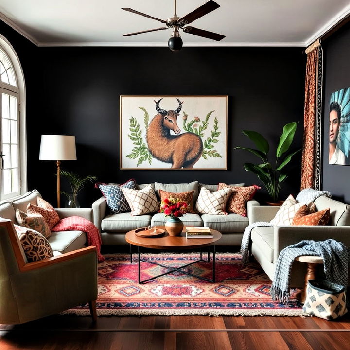 eclectic mix of patterns moody boho living room