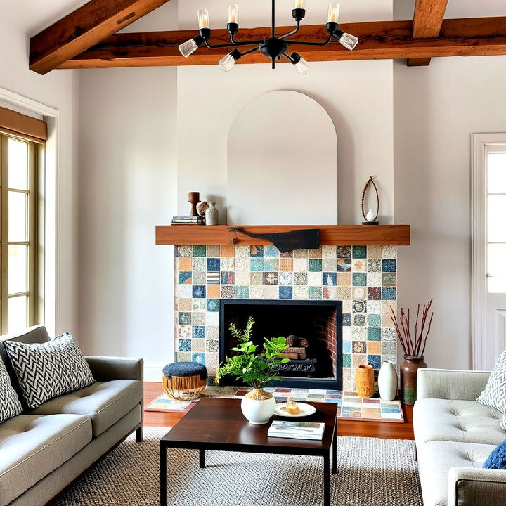 eclectic patchwork tiles fireplace