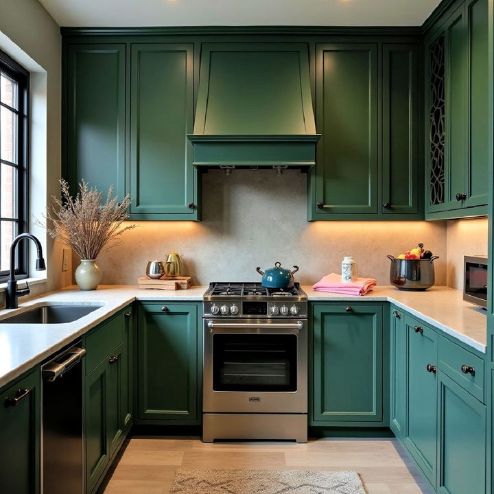 eleganc dark green cabinets with concrete countertops