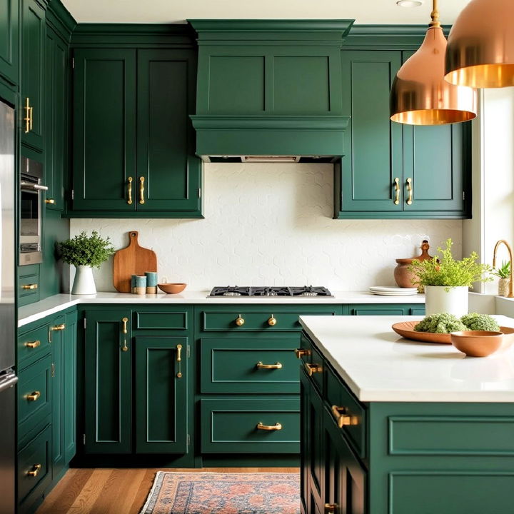 eleganc dark green cabinets with gold hardware