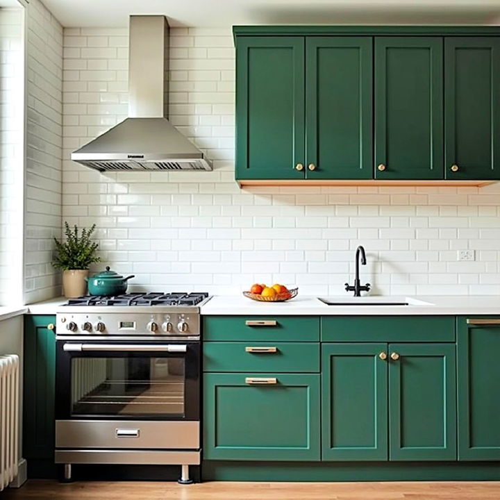 elegance dark green cabinets with subway tile backsplash